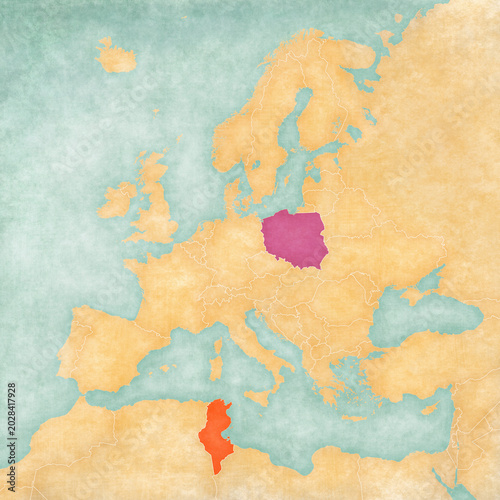 Obraz na plátne Map of Europe - Poland and Tunisia