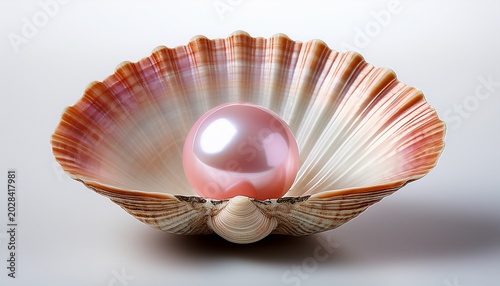 Pink Pearl Nestled Within An Open Clam Shell On A White Background