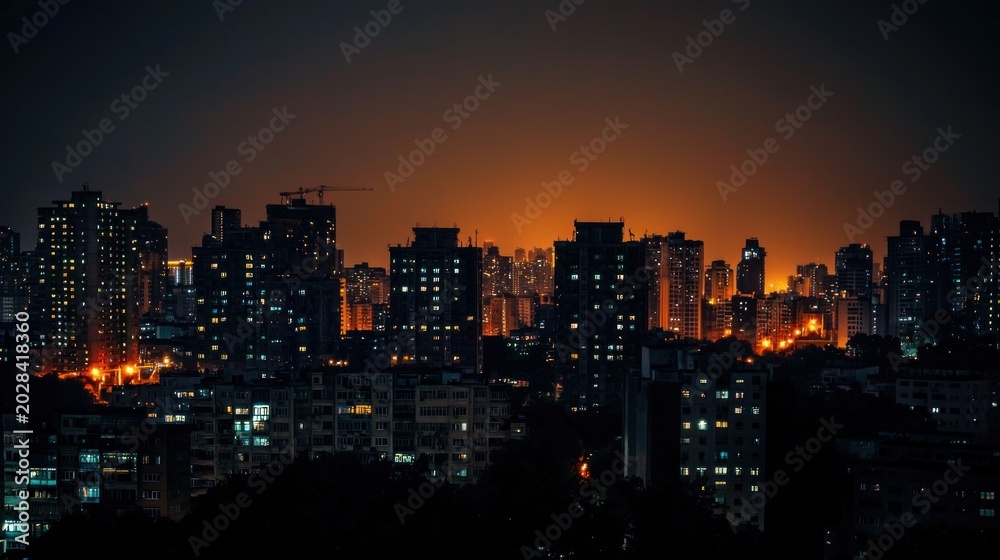 Fototapeta premium City buildings cast in darkness during a widespread power blackout