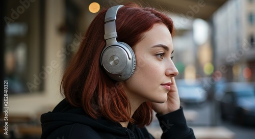 Young woman with silver headphones looking away.