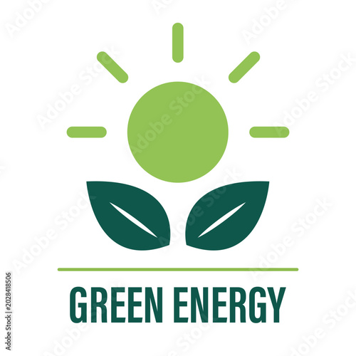 Green Energy Minimal Flat Vector Illustration With Sun And Leaves