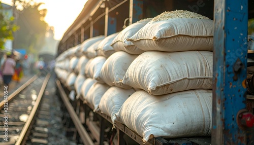 Stacked grain bags on train car, railroad track visible, soft sunlight