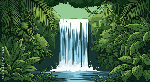 Lush jungle waterfall cascading into a serene pool, framed by dense foliage and tropical plants