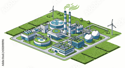 Isometric view of a modern industrial complex with green energy features, including wind turbines, solar panels, and smokestacks emitting clean steam