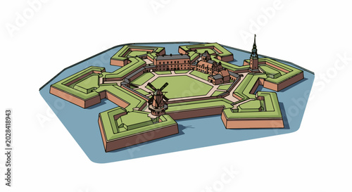 Isometric view of a star-shaped fortress with a central courtyard, windmill, and tower