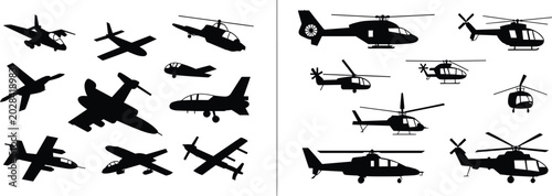 Fotografia Silhouette airplanes and helicopters, aviation illustration, aircraft vector des