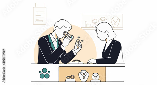 Jeweler examines ring with loupe while customer watches