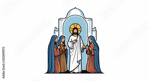 Jesus stands before three cloaked figures, one with a halo, in front of a temple-like structure