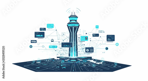 Futuristic airport control tower connects with digital interfaces, symbolizing smart aviation