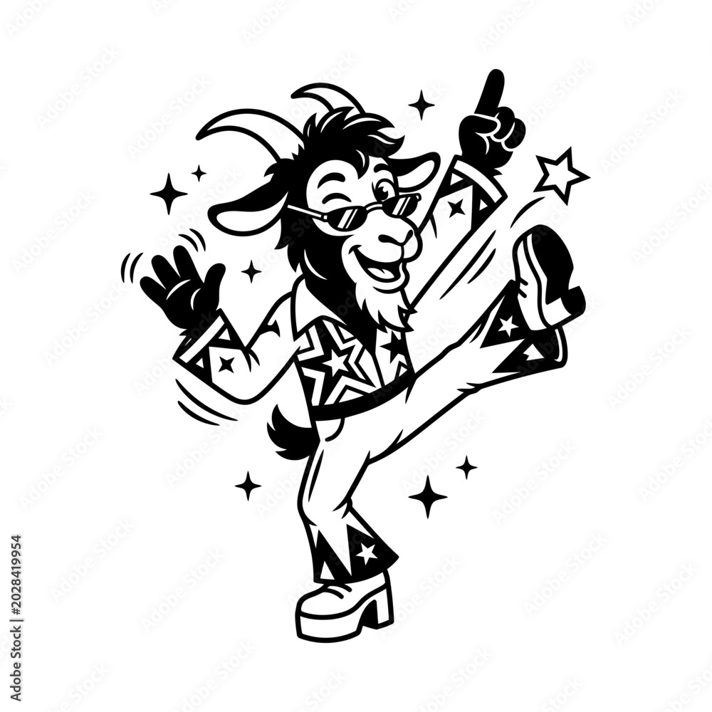Obraz premium Dancing disco goat character wearing sunglasses and a star-patterned suit in a black and white illustration animal mascot funny animal party animal music