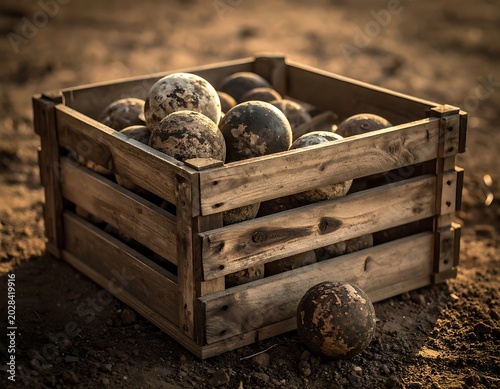 Wooden crate filled with potatoes outdoors.