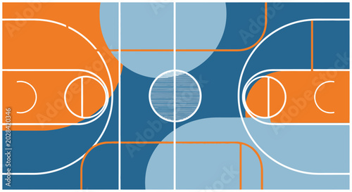 Flat vector background basketball poster, abstract basketball field shapes, dynamic lines, global sports theme, orange and blue color palette, minimal modern style, no text, high-quality vector