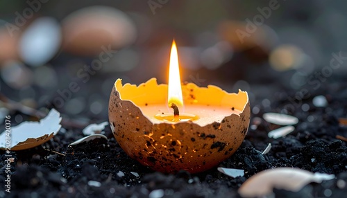 Candle in eggshell burns brightly amid broken shells on dark soil outside