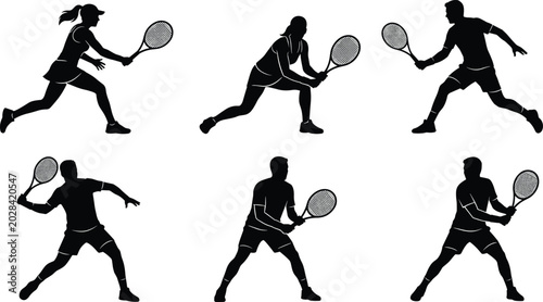 Schilderij op canvas Silhouette tennis players, racket sports action poses, forehand and backhand str