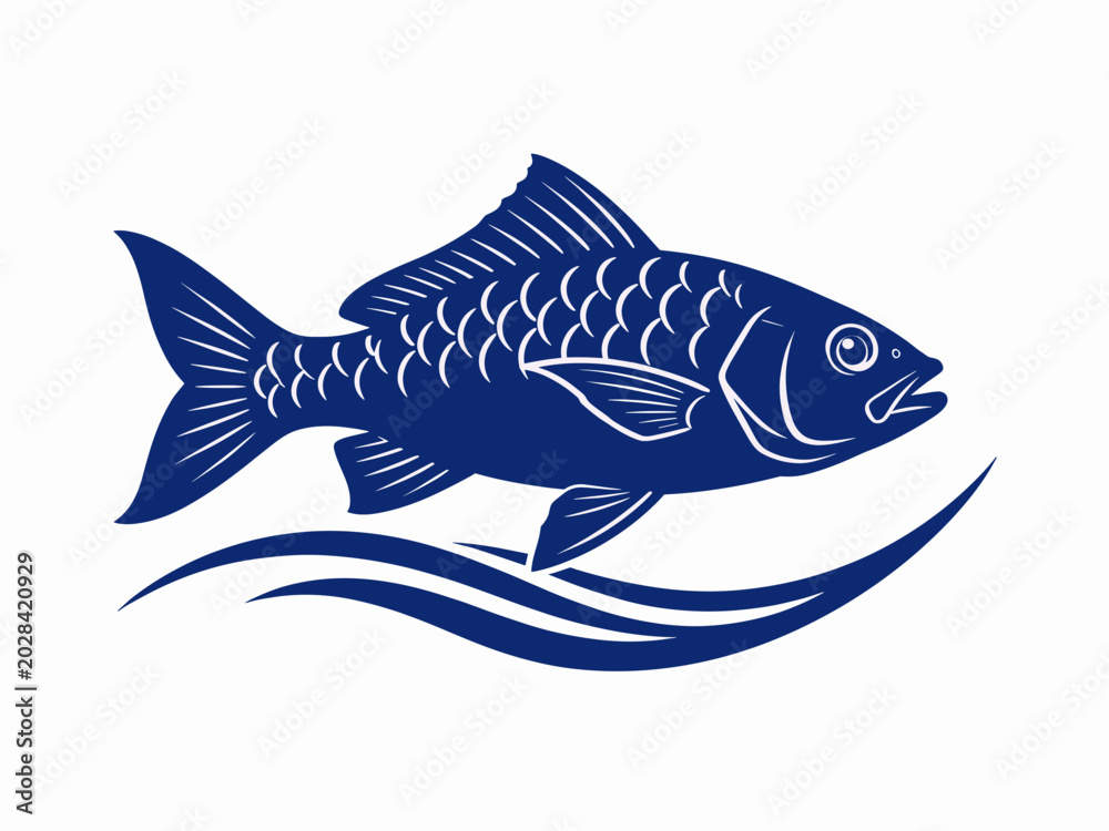 Fototapeta premium Blue Fish Swimming Above Wavy Water Graphic Illustration
