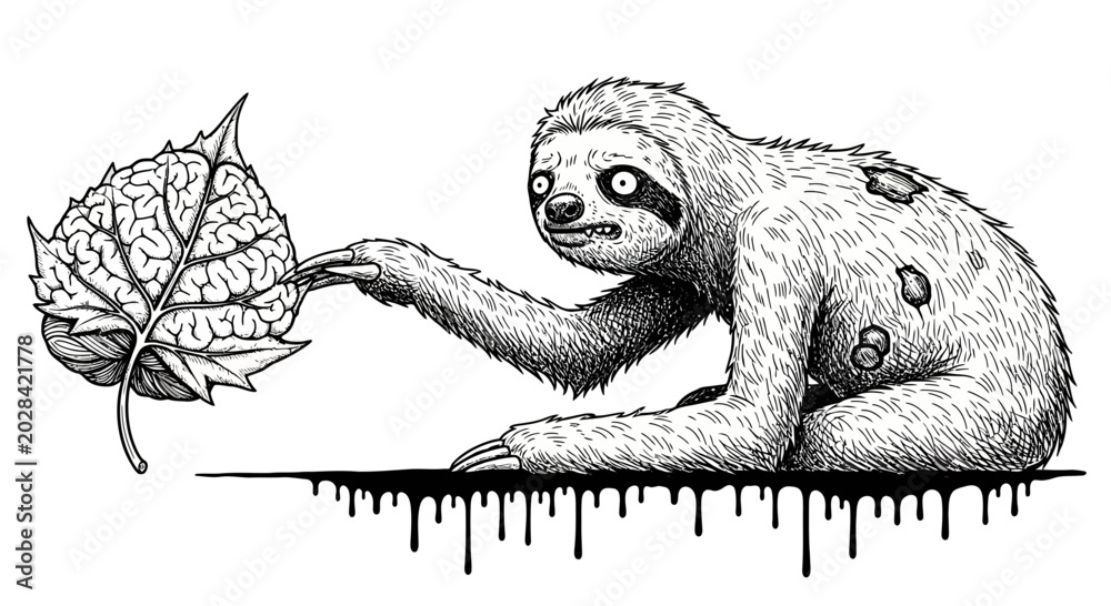 Fototapeta premium Creepy Sloth Holding a Brain Leaf Illustration.