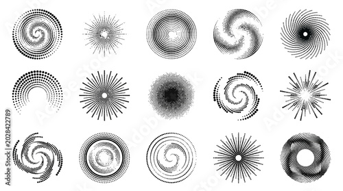 Abstract circular patterns with spiral and radial elements, digitally rendered in black and white for versatile graphic design applications