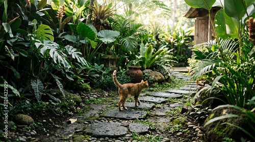 Ginger cat strolls down a stone path in a lush tropical garden