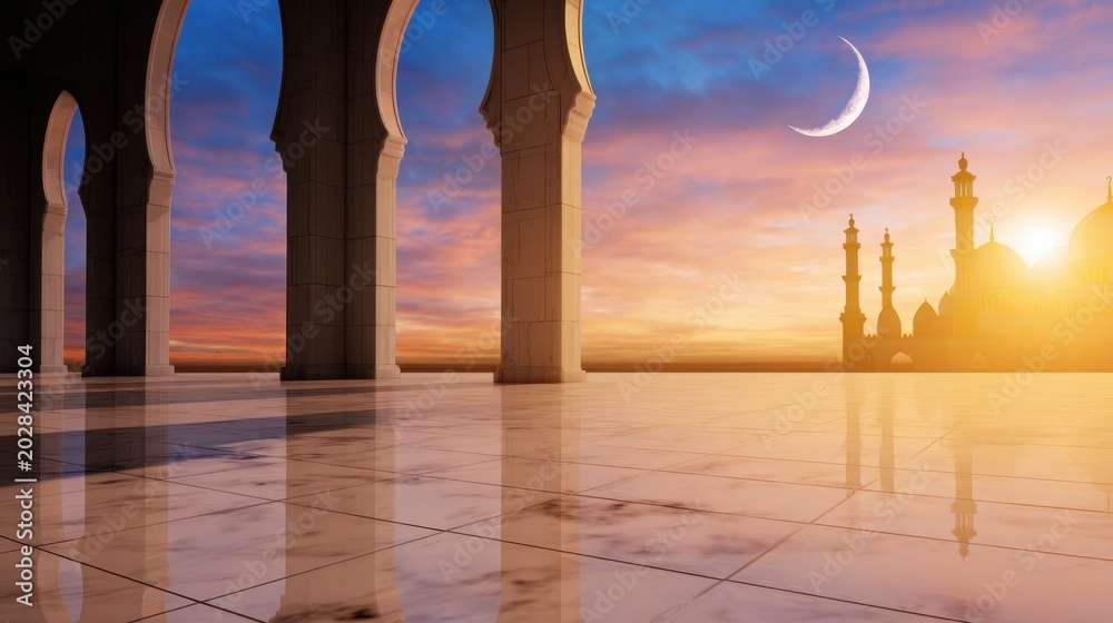 Fototapeta premium A tranquil scene showing an archway with a sunset silhouette of a mosque and crescent moon