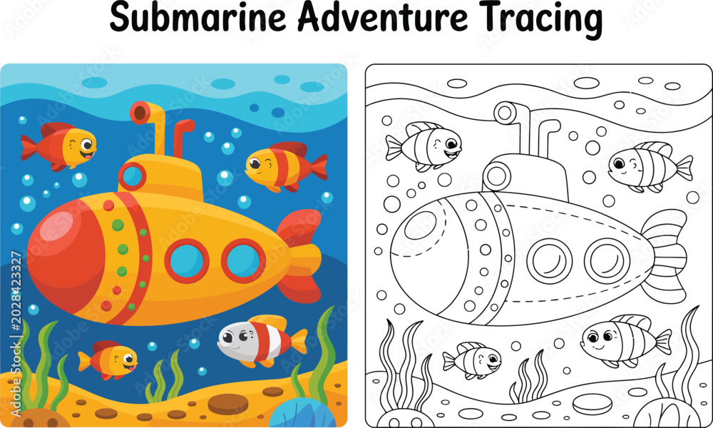 Fototapeta premium Submarine adventure tracing sheet with colorful illustration and outline for kids pre school activity book color page drawing page line art submarine underwater activity education