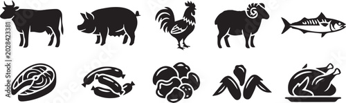 Quadro su tela Meat and Livestock Icons Set: Farm Animals and Food Products