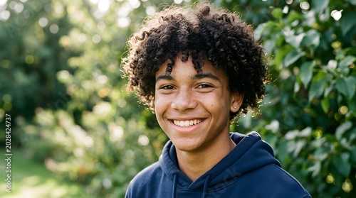 Close-up portrait of mixed race teenage boy with curly hair, authentic smile, natural daylight, shallow focus