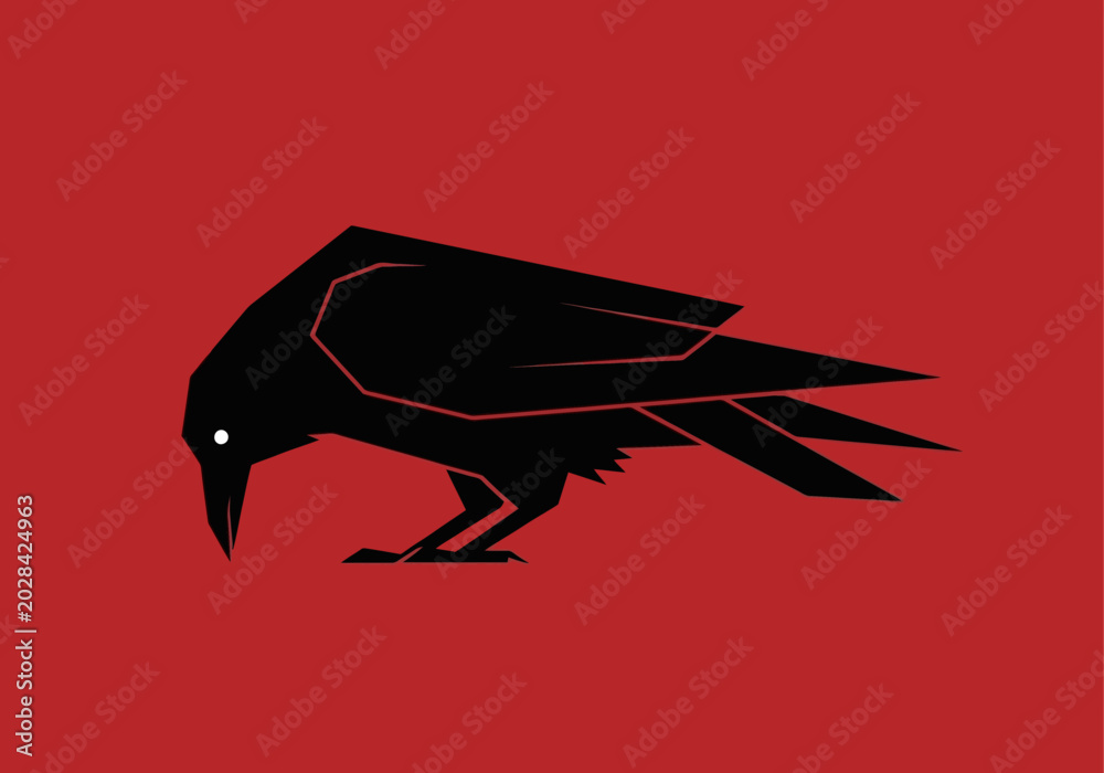 Obraz premium Minimalist black raven silhouette illustration on a red background