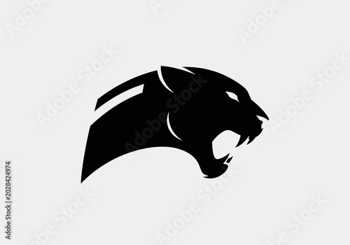 Cuadro en lienzo Minimalist black panther head roaring logo on white background