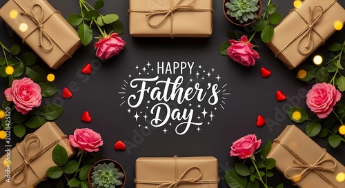 A festive flat lay greeting card for Father's Day featuring gift boxes roses and succulents