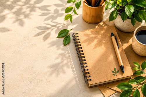 Sustainable workspace with recycled paper notebook and bamboo desk