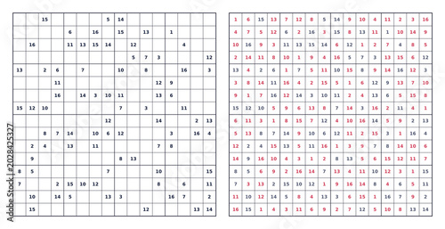 16x16 Hexadoku puzzle with digits A-F. Transparent background black grid red answer