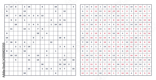 Large 16x16 Sudoku using 0-9 and A-F. No background black grid solved in red