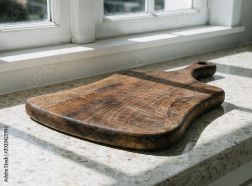 Wooden cutting board on kitchen counter with natural light