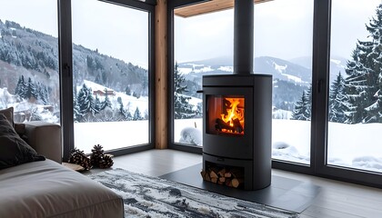 Fotobehang Cappuccinokleur Cozy living room w/ fireplace overlooking snow-covered mountain landscape  © jekson