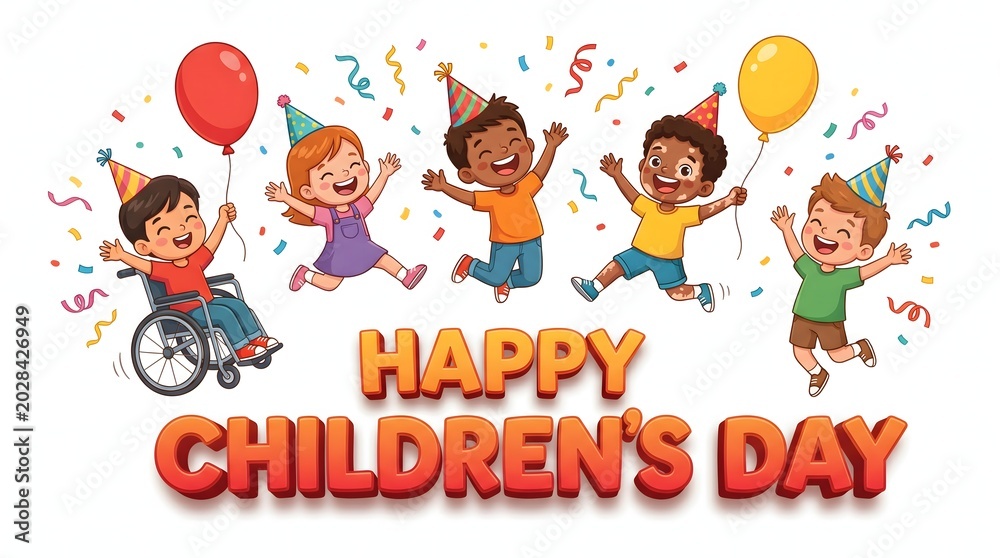 Fototapeta premium Happy childrens day celebration with diverse group of happy kids isolated on white background