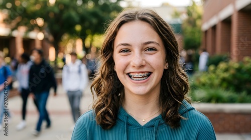 Close-up portrait of teenage girl with braces smiling confidently, realistic modern youth concept