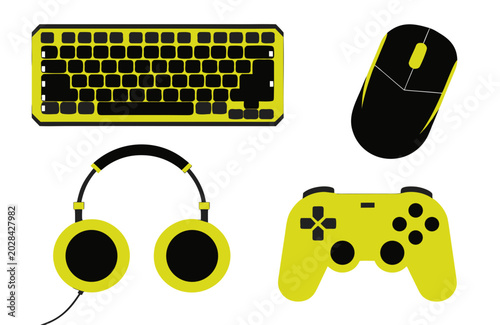 Minimalist colorful computer accessories and esports gaming gear icon collection