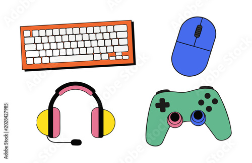 Flat vector illustration set of gaming peripherals with keyboard, mouse, headset, and controller