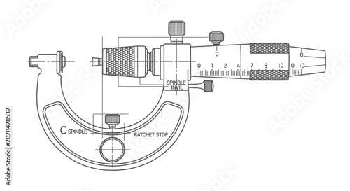 Technical diagram of a micrometer with labels and scale