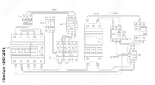 Technical drawing of electrical panel circuit breakers and wiring