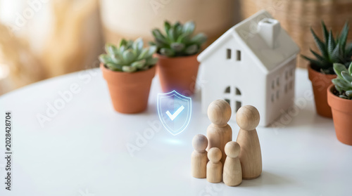 Wooden family figures with house model and protective shield icon home and life insurance concept