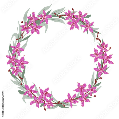 Elegante wreath with tropical pink flowers. Hand drawn floral arrangement for wedding invitations, greeting cards, prints and textiles. Isolated on white