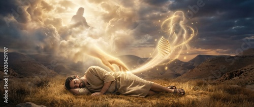 God creating woman from rib of sleeping man in biblical scene from Genesis. Divine hand forming female soul from male body in desert landscape. Religious art depicting story of creation. Banner with