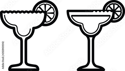 Black line art of two margarita glasses with lime wedges