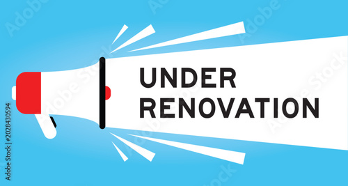 Foto Color megaphone icon with word under renovation in white banner on blue backgrou