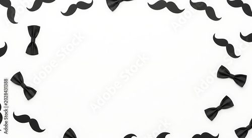 Minimalist Father's Day border design with black paper mustaches and bow ties on white background