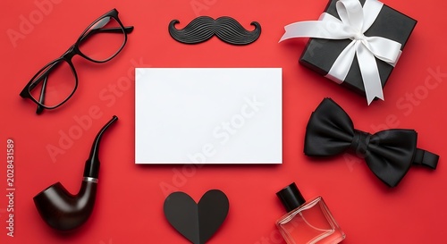 Flat lay composition for Father Day greeting card with accessories and gift box on vivid red background