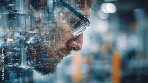 A worker in eye protection overlays an industrial complex, suggesting a vision of the future or technical focus