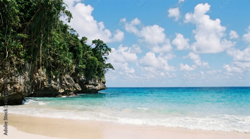Fototapeta premium Tropical beach with rocky cliff and turquoise water