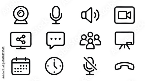 Set of 12 Minimalist Video Conferencing and Online Meeting Line Icons with Uniform Stroke Width; Features Webcam, Microphone, Speaker, Screen Share, Chat, Participants, Whiteboard, and Calendar.